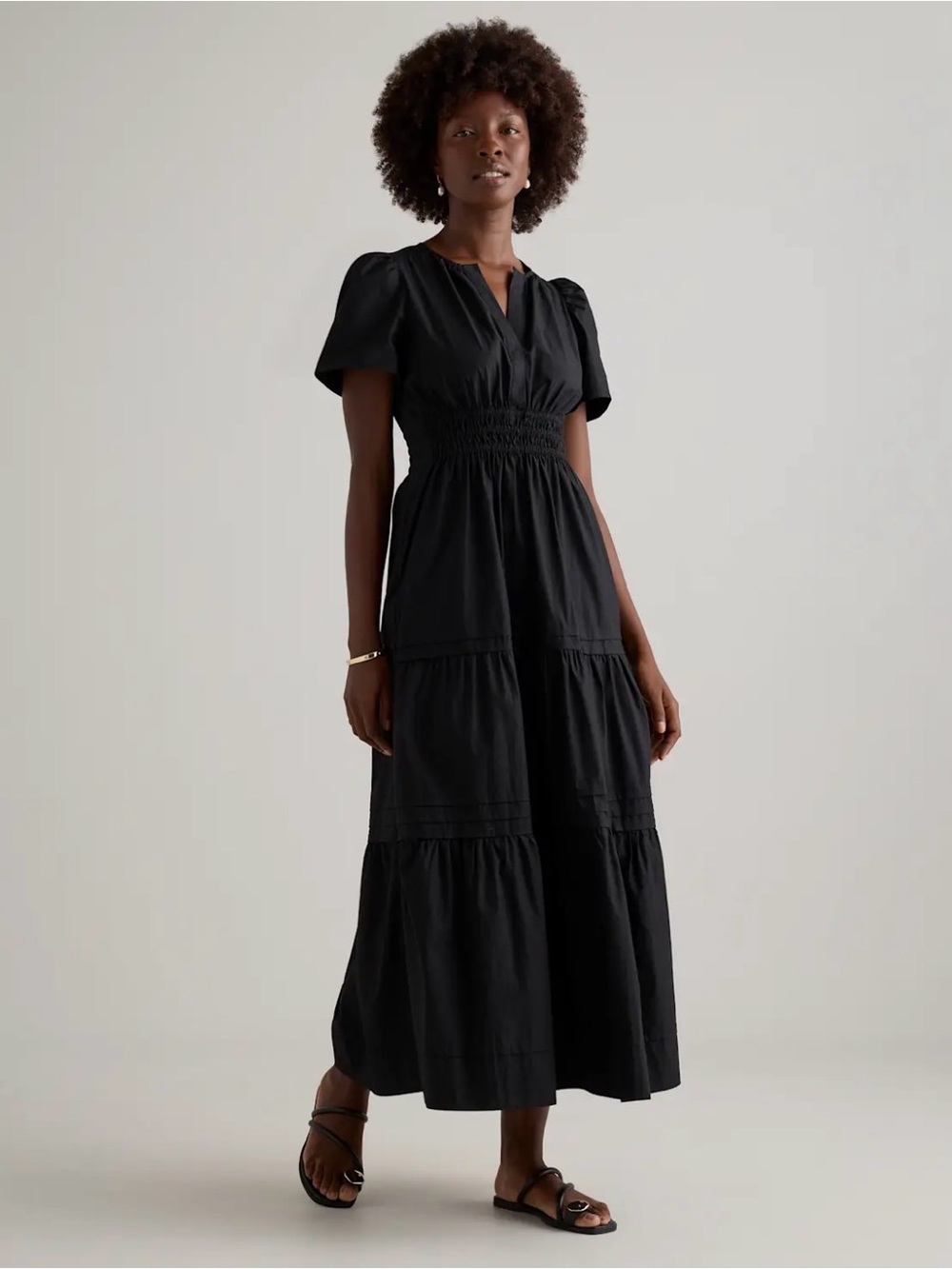 NEW Quince 100% Organic Cotton Poplin Tiered Maxi Dress Black Pockets Size Large